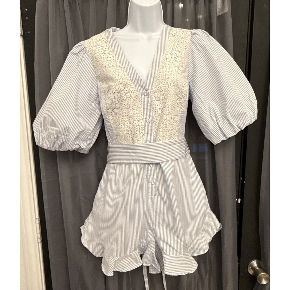 BCBGMAXAZRIA Eyelet Striped Romper Size 8 Blue White Lace Cotton Ruffle Hem $228